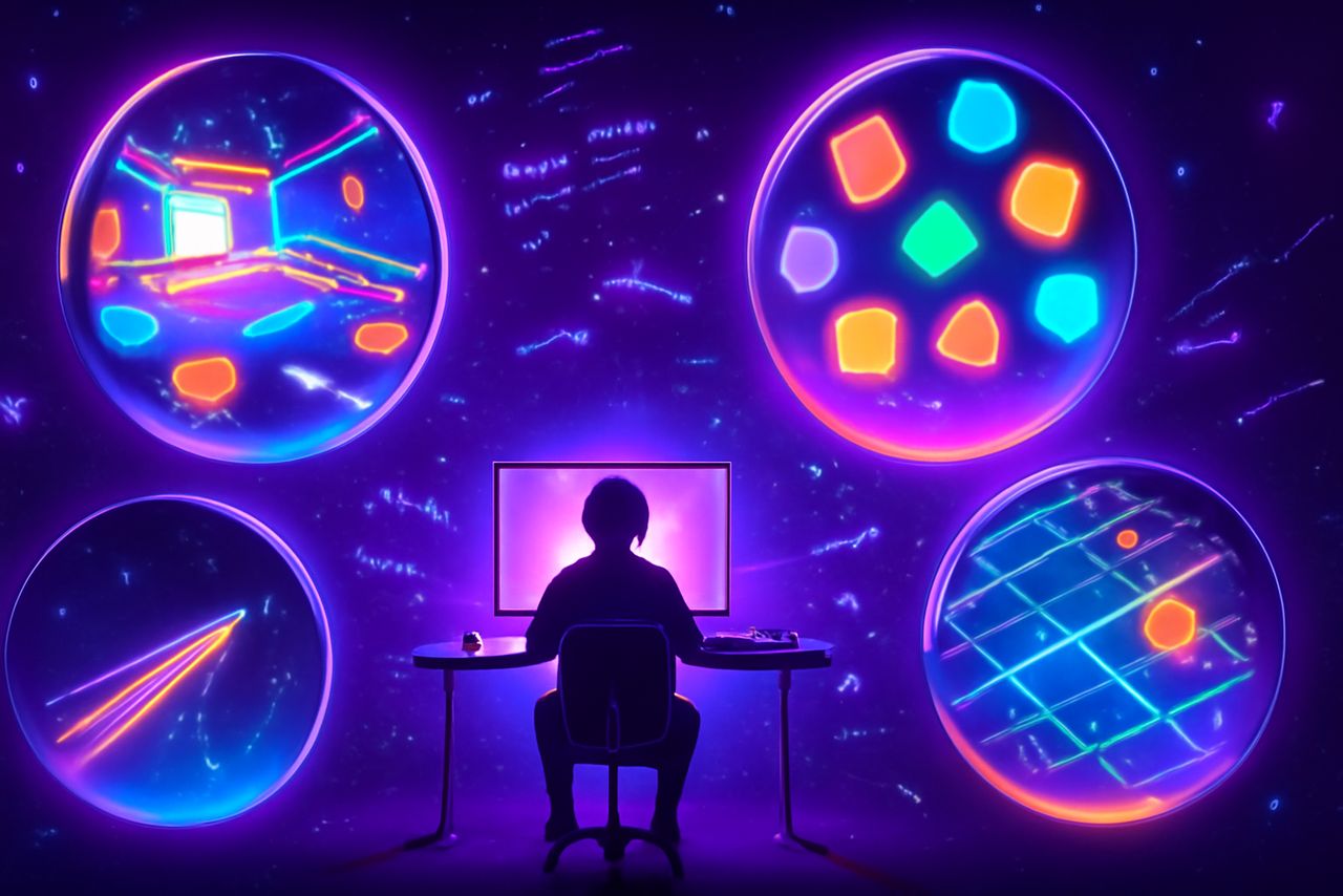 Game development energy — colorful game worlds floating in purple space