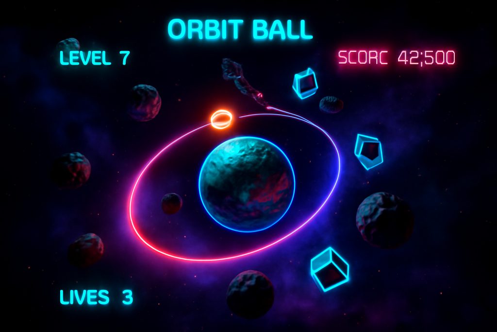 Orbit Ball gameplay showing glowing ball orbiting a planet in space