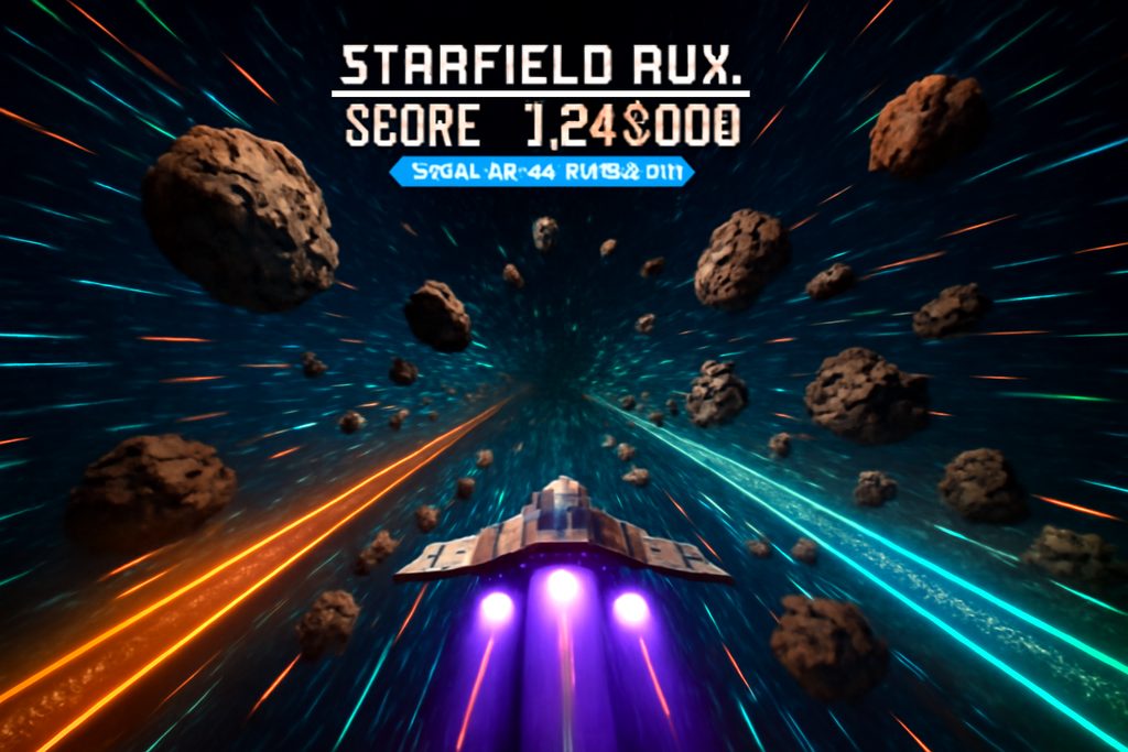 Starfield Run with spaceship dodging obstacles at high speed